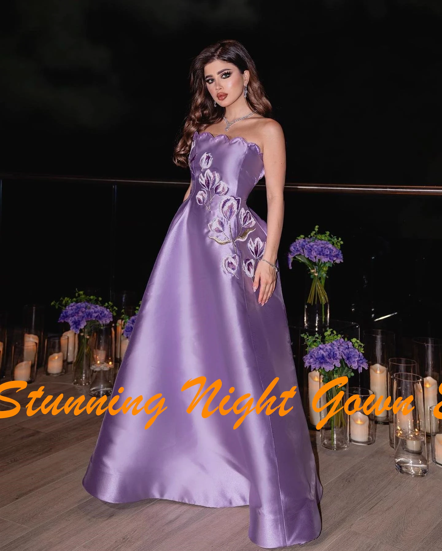 Robe de Soirée en Satin Violet avec Plis Brodés, Sans Bretelles, Classique, Personnalisée, Forme Trapèze, pour ixÉducative