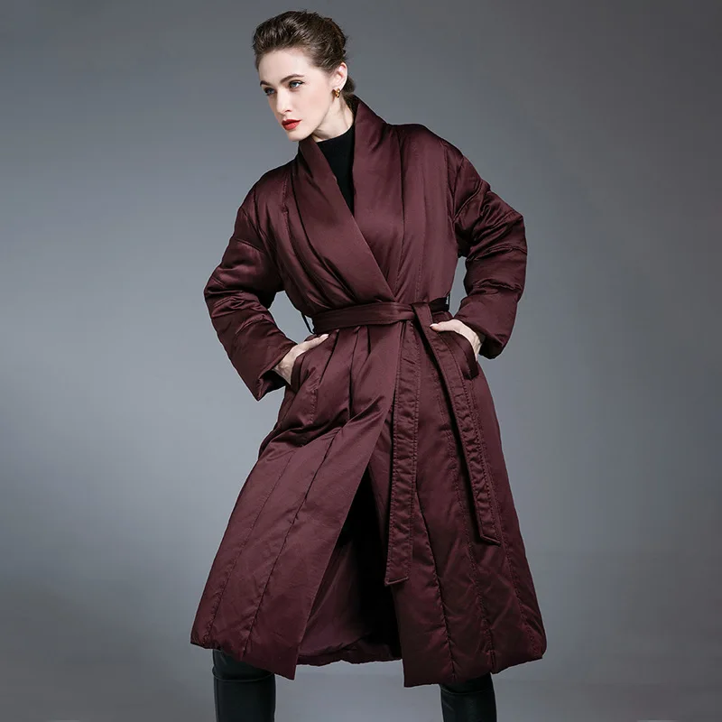 Luxury High Quality 90 White Duck Down Long Trench Coat Belted Winter Warm Women's Coat Slim Down Jacket Quilted Trend Outerwear