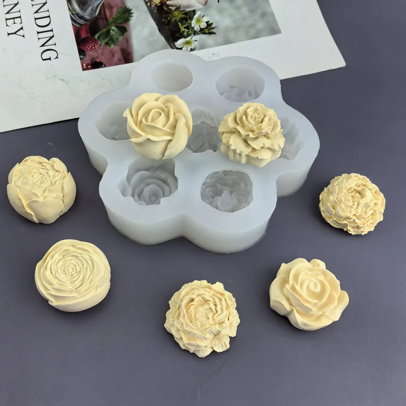 7-Loch-Blumen-Silikonform 3D Rose Pfingstrose Backwerkzeug DIY Handgemachte Kerze Seife Aromatherapie Harz Handwerkszeug