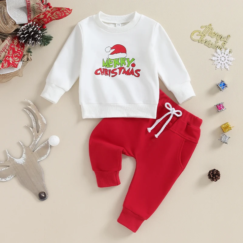 

2023-10-04 Lioraitiin 0-3Y Toddler Boy Christmas Outfits Long Sleeve Shirts Letter Sweatshirt with Red Pants Set Clothes Set