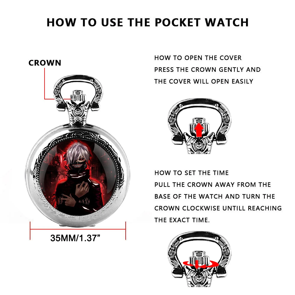 Tokyo-Ghoul reloj de bolsillo de cuarzo para hombre y mujer, pulsera con diseño de cúpula de cristal, cadena duradera, esfera con números árabes, regalos creativos