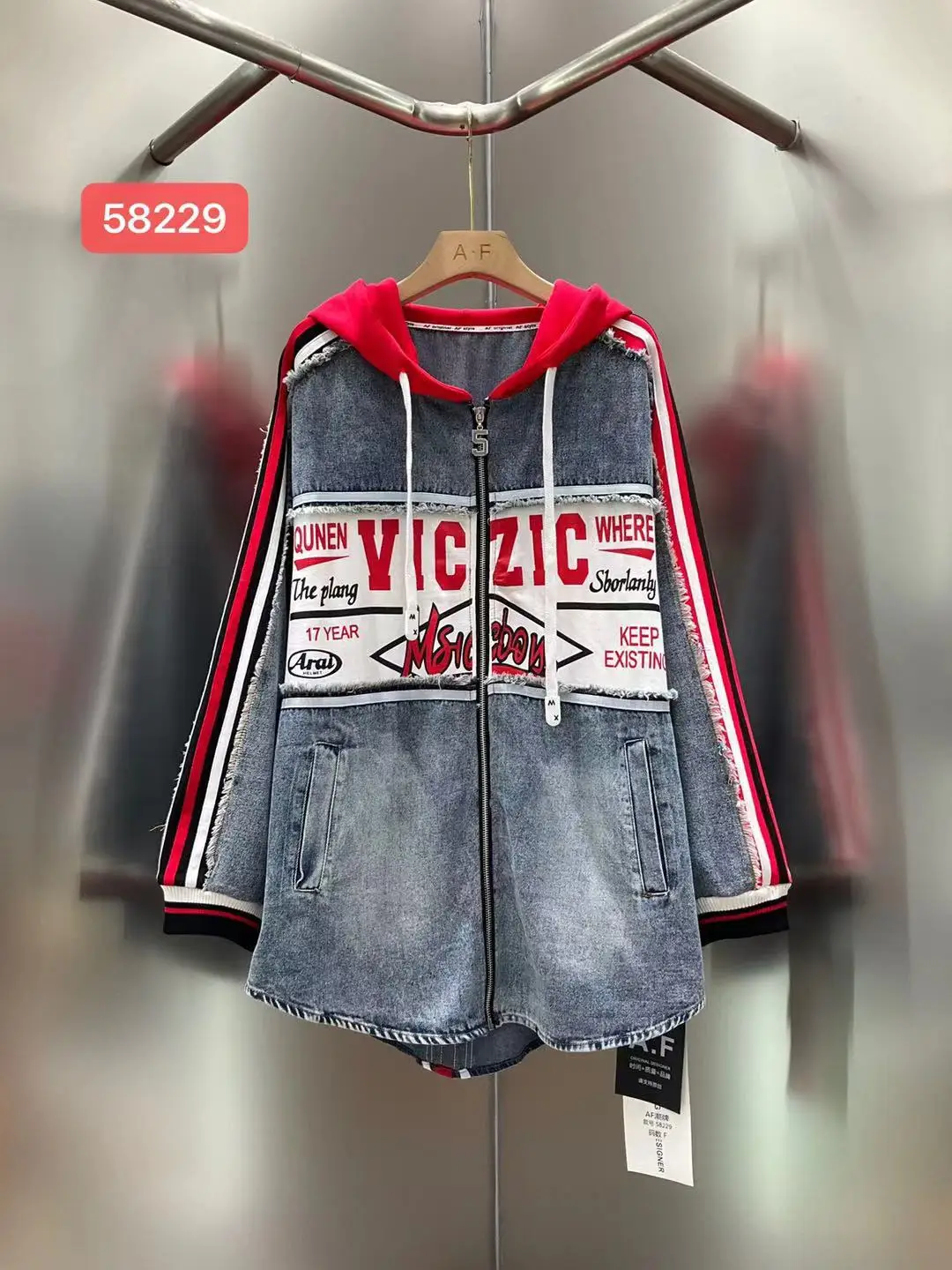 2025 Autumn Ne Denim Jacket Women Fashion Unique Color Blocking Hooded Coats Letter Print Striped Mid-Length Jacket Street Style