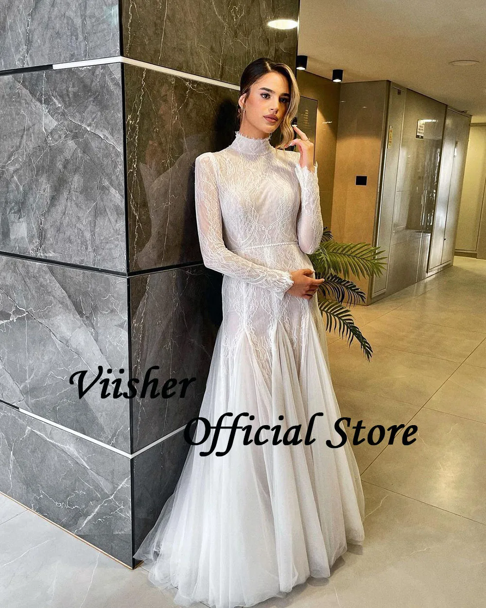 Viisher White Lace Tulle Mermaid Wedding Dresses Long Sleeve High Neck Dubai Israel Bride Dress Luxury Women Wedding Bridal Gown