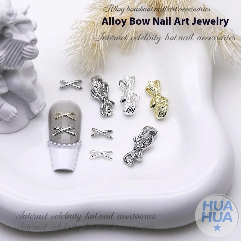 HUA 20 pièces exquis alliage Nail Art breloques de luxe Kawaii arc bijoux or argent ongles strass décoration bricolage accessoires pièces