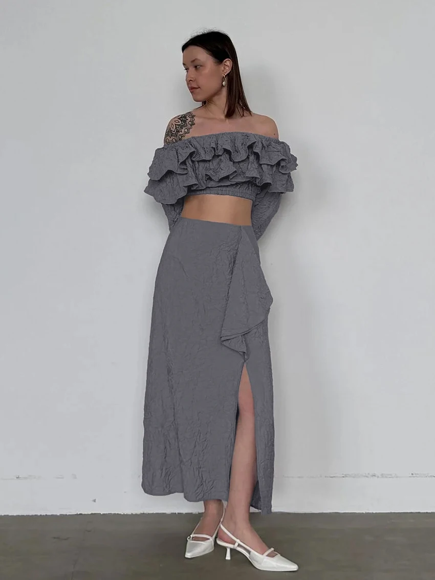 

Marthaqiqi Winter Female Pajamas Suit Long Sleeve Nightie Slash Neck Sleepwear Sexy Crop Top Nightgown Long Skirts Nightwear Set