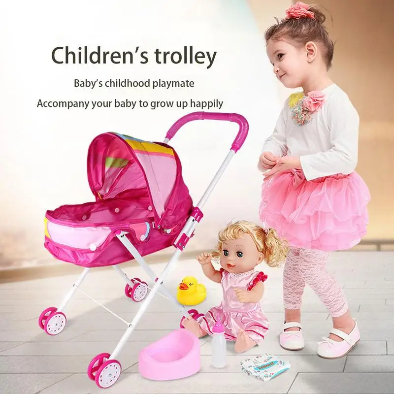 Babys Doll Stroller Set Doll Playsets Simulation Baby Dolls Stroller Carriage Foldable Kids Pretend Play Toy For Little Kids