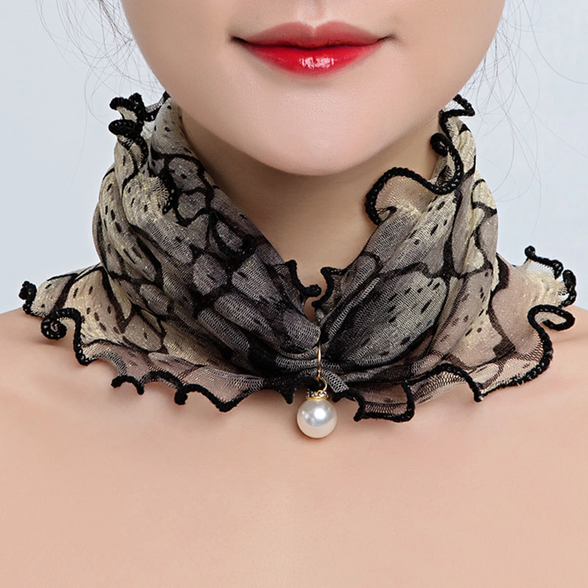Women Fake Pearl Pendant Neckerchief Print Lace Fake Collar Chiffon Bib Necklace Korea Fashion Summer UV Resistant Ring Scarf