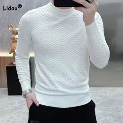 Men's Slim All-match Solid Color Long Sleeve Knitted T-shirt 2023 Casual Fashion Trend Half High Collar Sweaters Male Clothes