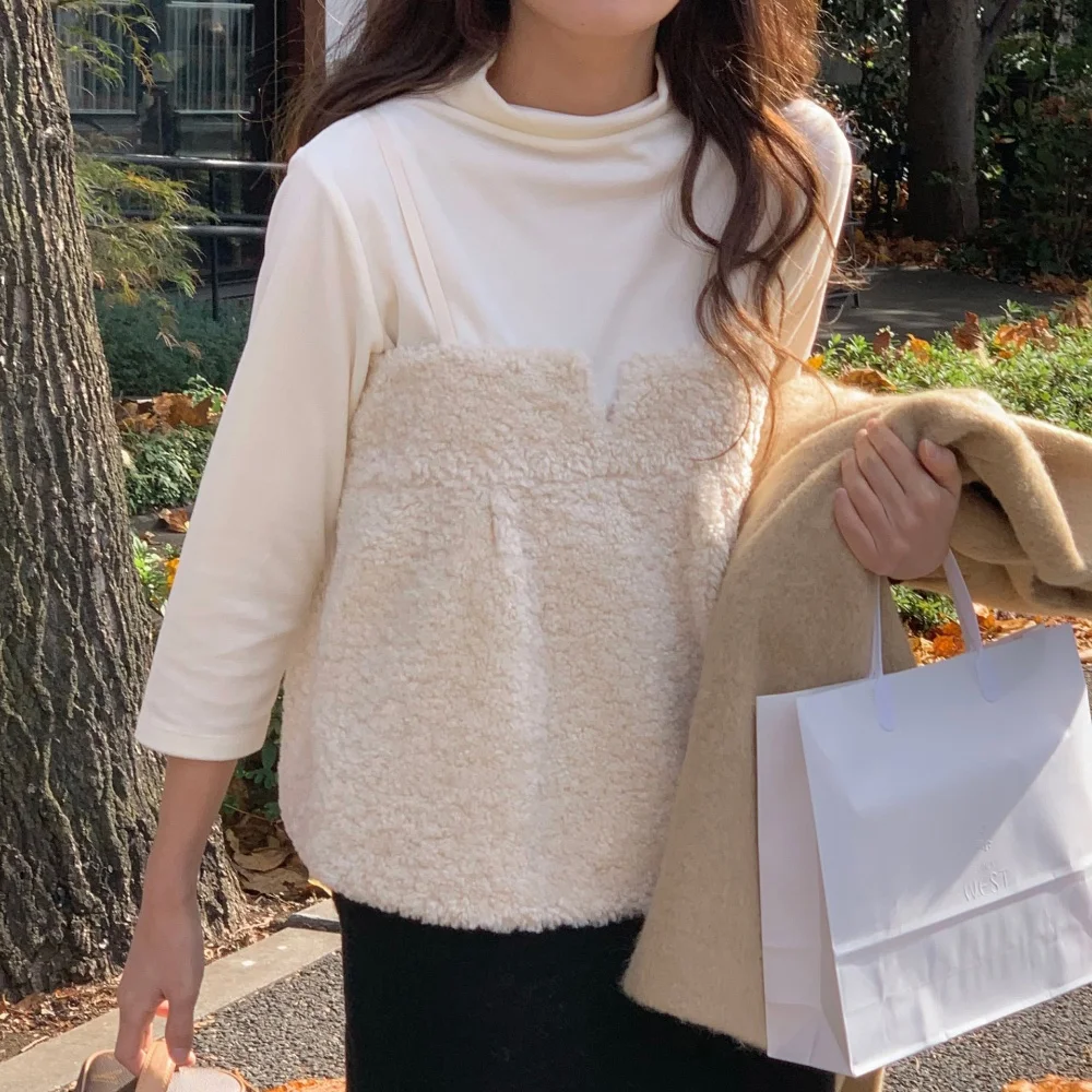 Lamb Fur Vest Strap Women's Casual Style Thickened Polyester Fiber Pure Color Winter Fashion Layering Soft Atmosphere Vest