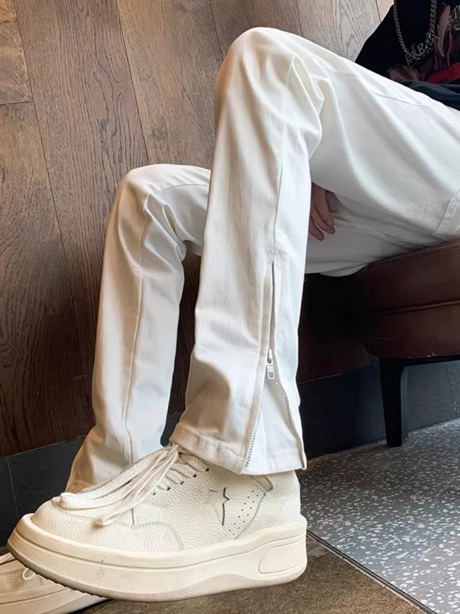 

Slim Fit Men's Jeans mid Waist Long Cotton Denim Spring Autumn Straight Leg Zipper Slit Tapered Bootcut Casual Trendy