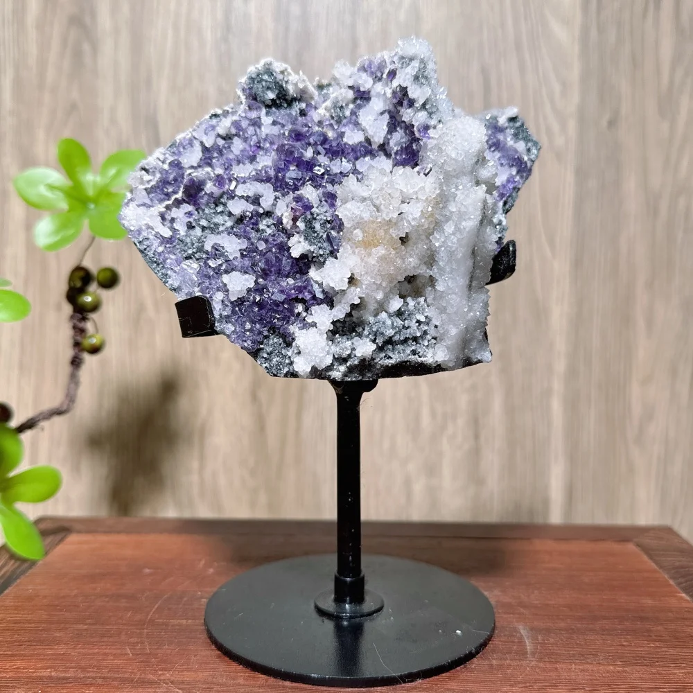 Natural Purple Fluorite Specimen Symbiosis Quartz Raw Stone Healing Crystal Reiki Energy Home Decoration Gift+Stand