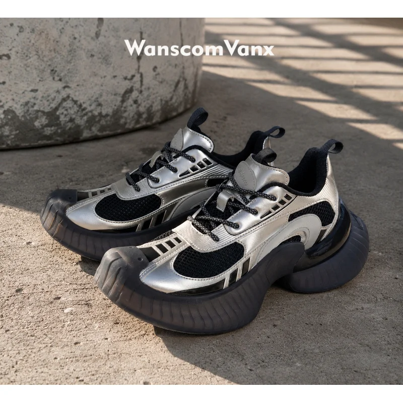 Men Bold Platform Chunky Sneakers Metallic Silver Black Mesh Upper Futuristic Design Athletic Casual Shoes Lightweight Durable