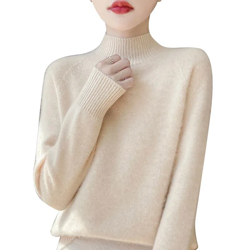 

Chic 100% Cashmere Knitted Women's Pullovers Basics Pure Color Casual Basic Soft Mock Neck Sweater Warm Regular Fit Tops