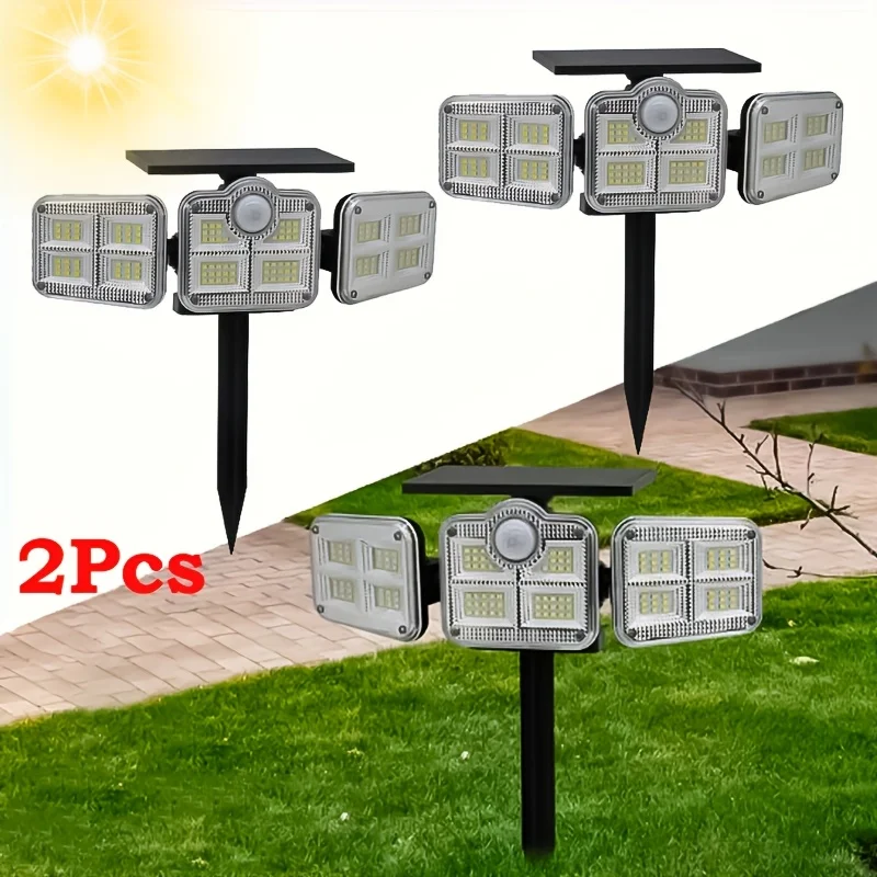 

2pcs Solar Light Outdoor Security Ground Light Solar LED Spot Light, 3 Modes, 3 Heads Motion Sensor Light Wide Angle Flood Light