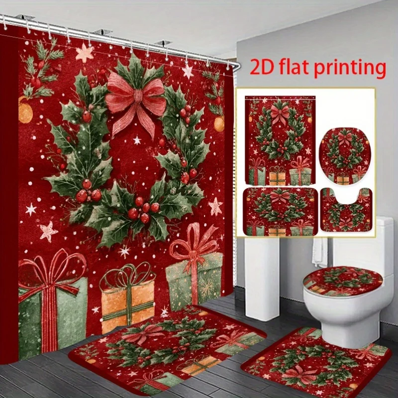 

4pcs 2D flat printing Shower Curtain Bathroom Set A festive Christmas wreath with gifts. Non Slip Bathroom Mat, Toilet U Shape