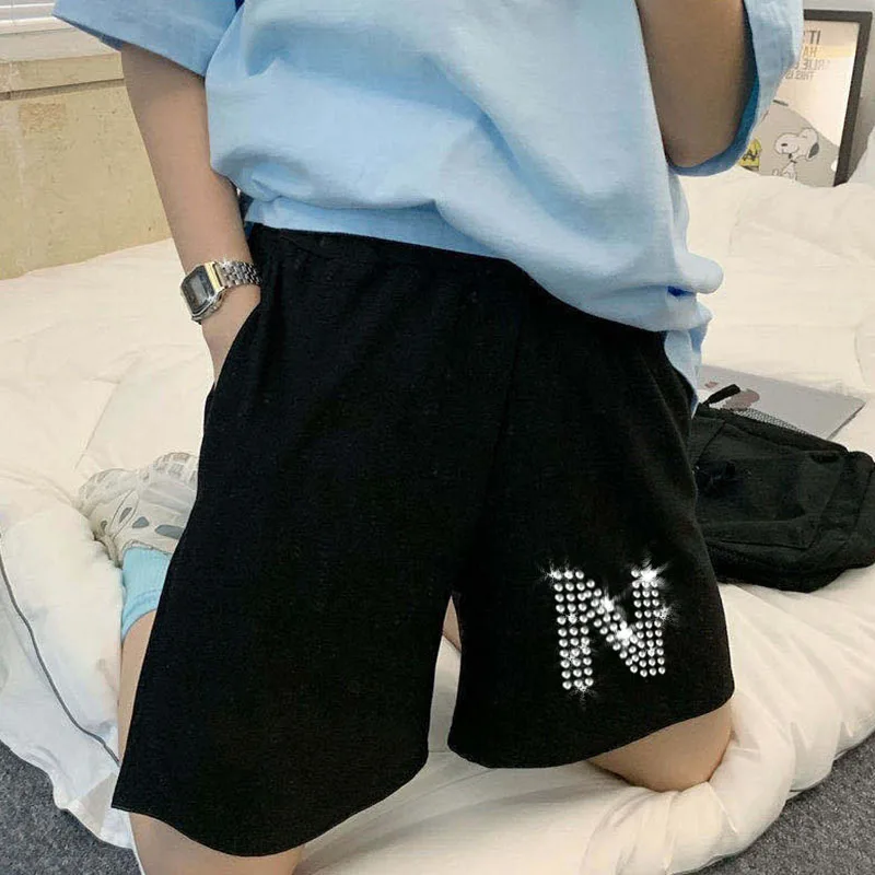 26 letters Rhinestone y2k shorts Unisex Wide-leg Elasticity Loose Harajuku Simple Casual summer Girls Running Biker Shorts