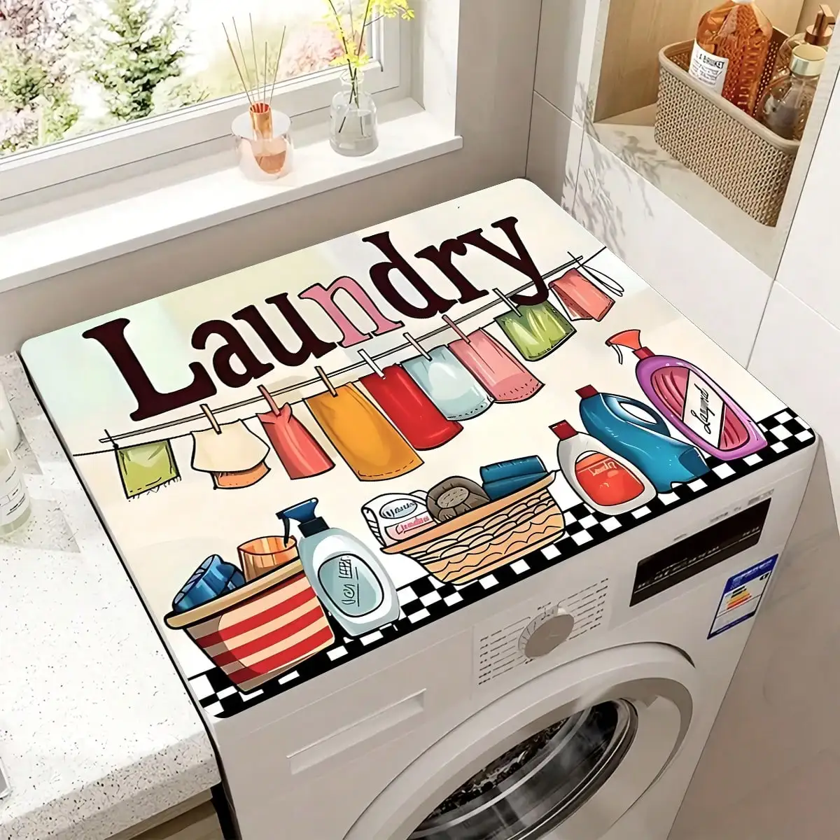 

1pc Rubber Non-Slip Soft Washing Machine Mat Pad, Laundry Room Cartoon Text Print, Absorbent Top Protective Pad,