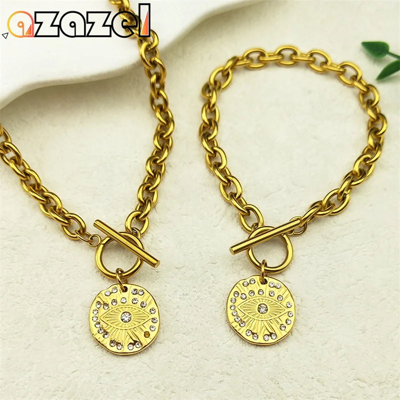 

Rhinestones Demon Eye Pendant Necklace Bracelet Set For Women Men Stainless Steel Gold Color Evil Eye Chain Bangles Jewelry Set