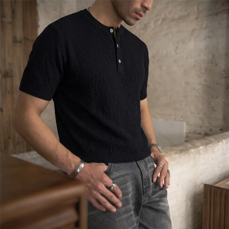 Summer Henry Collar Knitted Short Sleeved T-shirt Men Casual Business T-shirt Men's Thin Vintage American Retro T-shirts