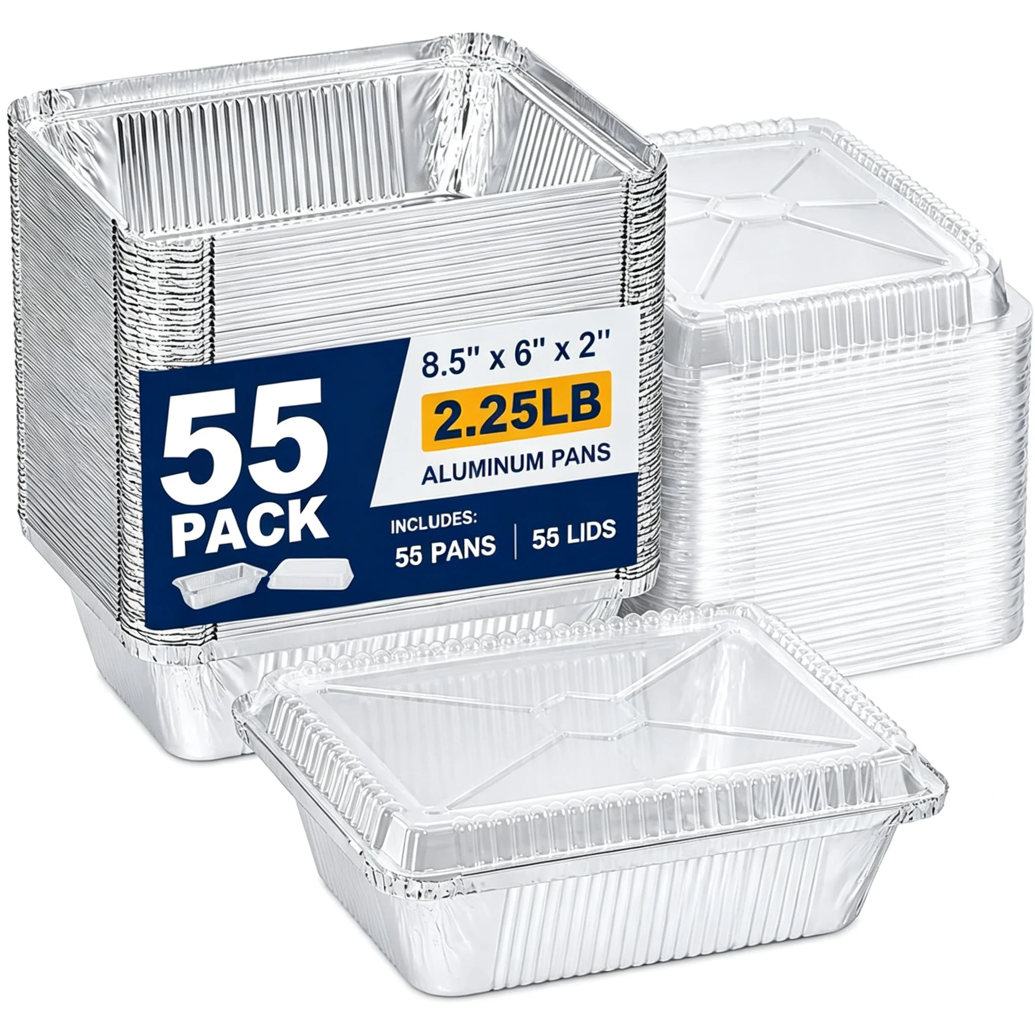 55 Pack 8.5' X 6' Aluminum Pans with Lids, 2.25 LB Foil Food Containers Heavy Duty Tin Foil Pans with Clear Plastic Covers for Meal Prep, Baking, Freezer Storage, Takeout & Catering
