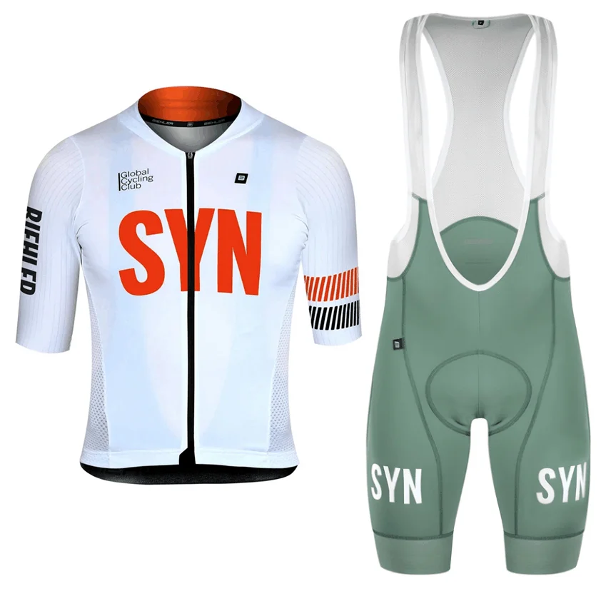 White Syn Summer Set da ciclismo da uomo traspirante e confortevole maglia a maniche corte e pantaloncini con bretelle Logo rosso abbigliamento MTB