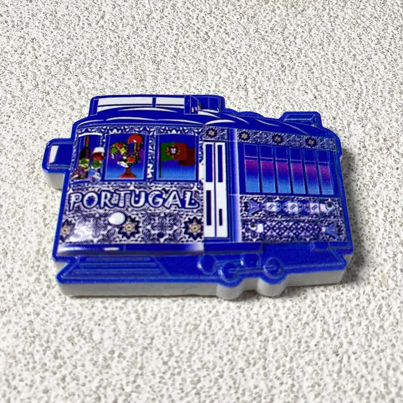 Pegatina magnética para refrigerador de autobús azul de Portugal, recuerdo 3D de viaje creativo para celebridades de Internet