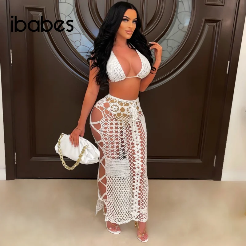 Knitted Hand Crochet Cover Ups Women Sexy Two Pieces Set Halte Bra Top Strings Slit Skirt 2023 Summer Holiday Beach Dress