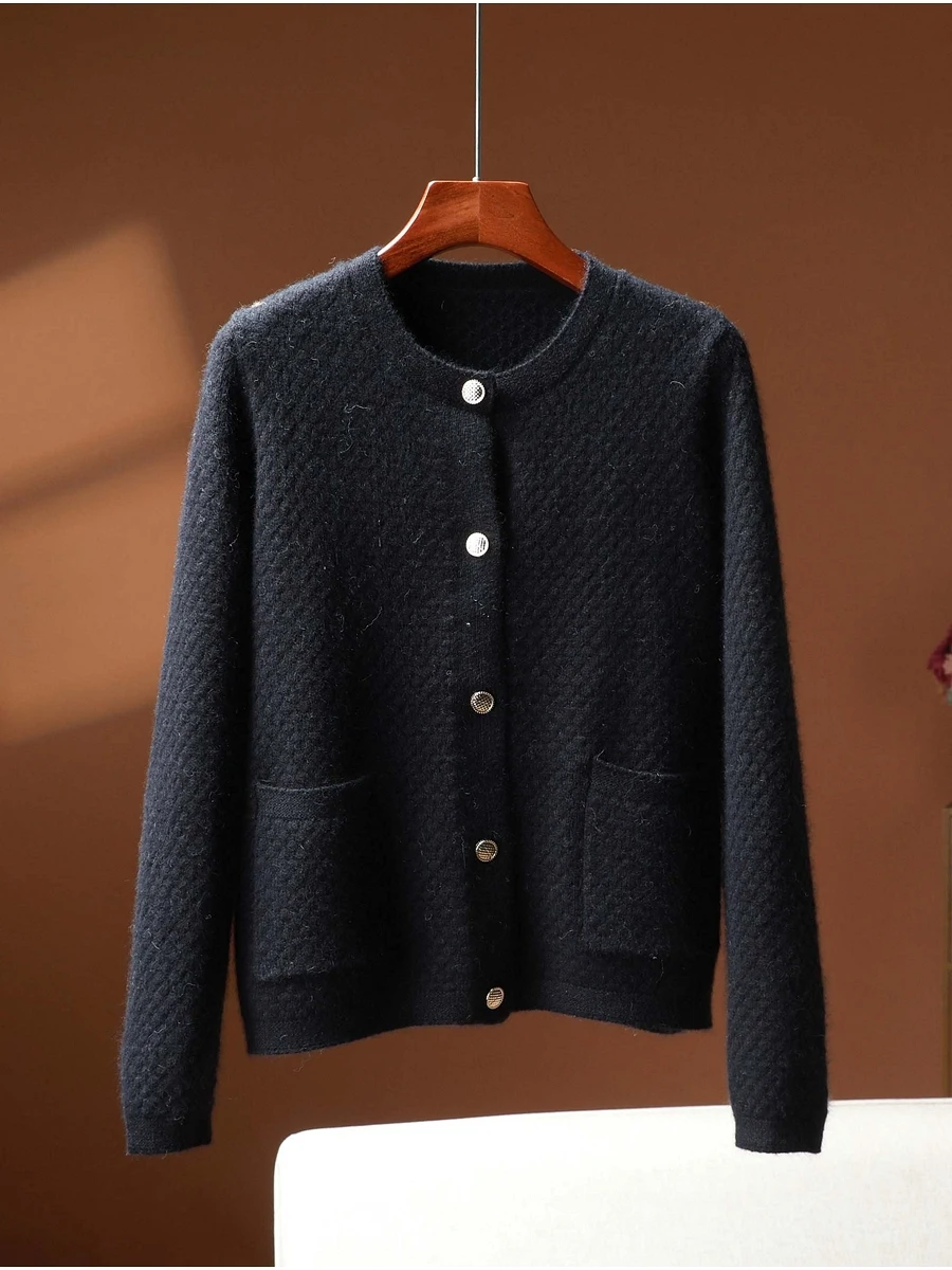 เสื้อคาร์ดิแกนไหมพรมถักทรงกลม MS Series รุ่น Ne Open สีพื้น ติดกระดุม ผ้ากำมะหยี่เนื้อนุ่ม อุ่นสบาย สำหรับผู้หญิง เหมาะสำหรับฤดูใบไม้ร่วงและฤดูหนาว