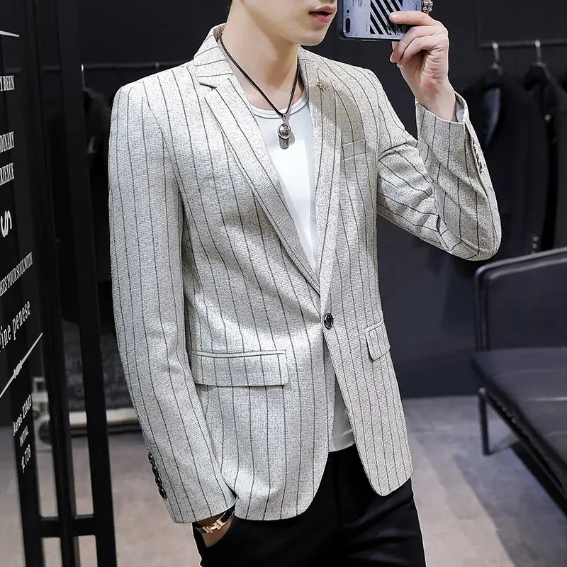 

Slim Fit Men's Stripe Suit Jacket Casual Spring Autumn Fashionable Korean Style Single Button Long Sleeve Polyester Blend