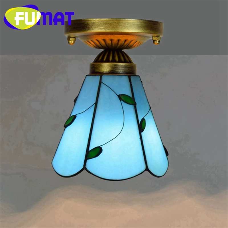 FUMAT Tiffany style stained glass Mediterranean 6 inch Green Leaves ceiling light for bedroom hallway hallway balcony LED decor