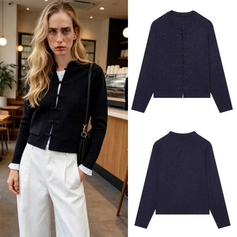 Women's Cardigan 2026 Summer New Casual Fashion Multi-color Lace Collar Single Button Open Front Long Sleeve Crew Neck Knit Top