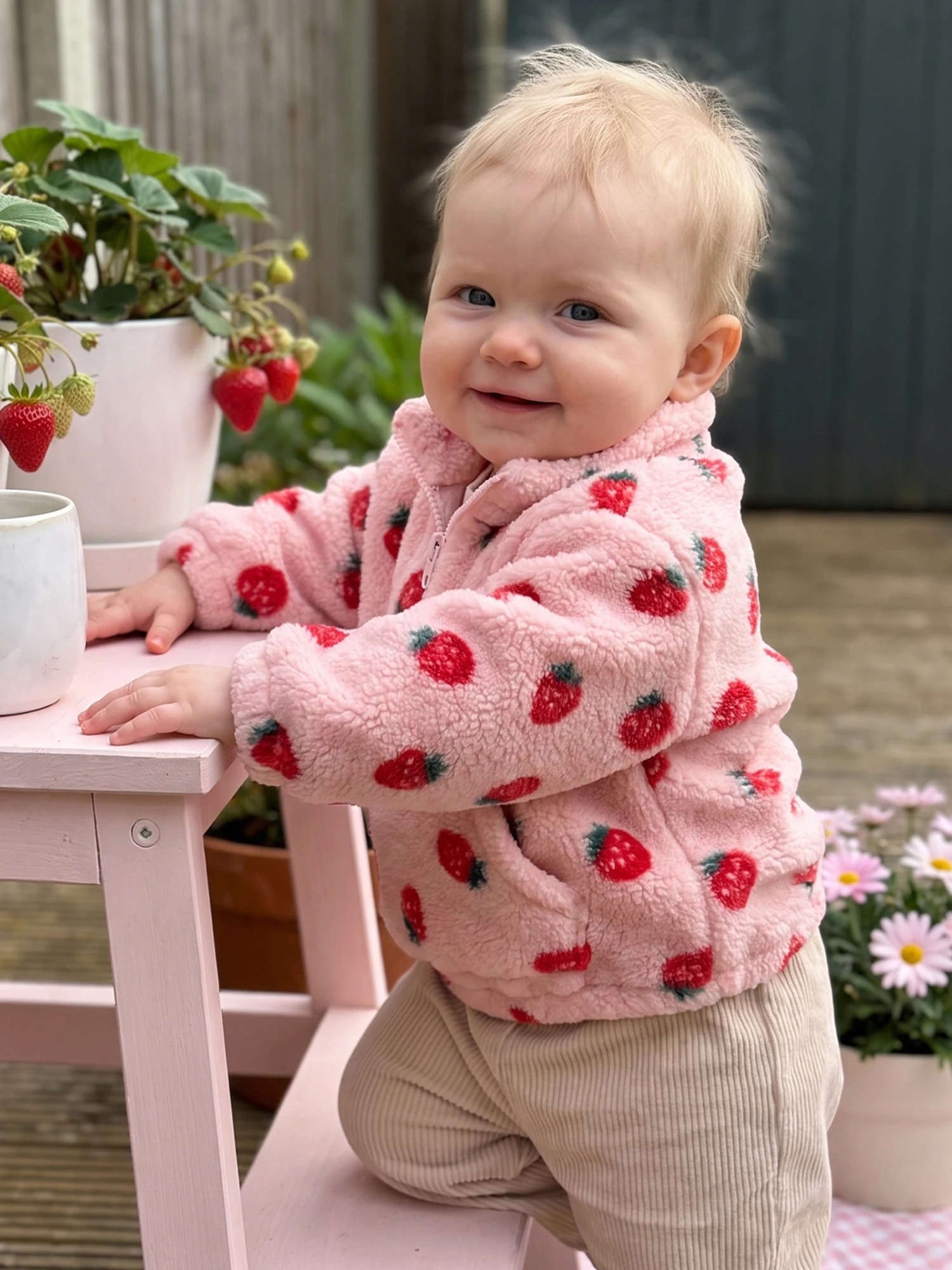 Strawberry Print Zip Pullovers Toddler Girl Sweatshirts Girl-Sweatshirts-Strawberry Strawberry Print Long Print Long Sleeve