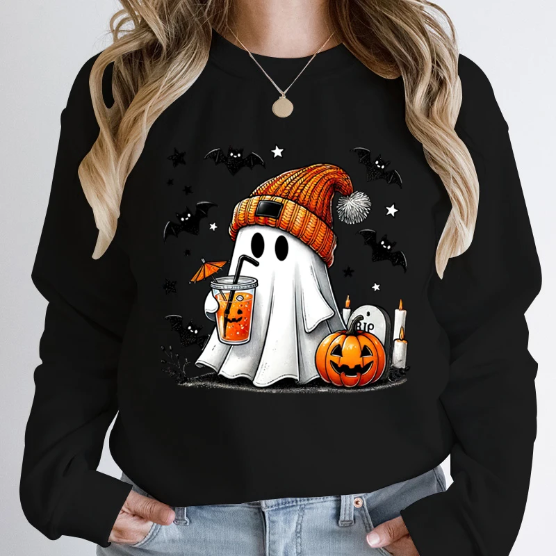 New Women\'s Sweatshirt Halloween Ghost Pumpkin Bat Print Round Neck Pullovers Ladies Autumn Winter Casual Halloween Sweatshirt