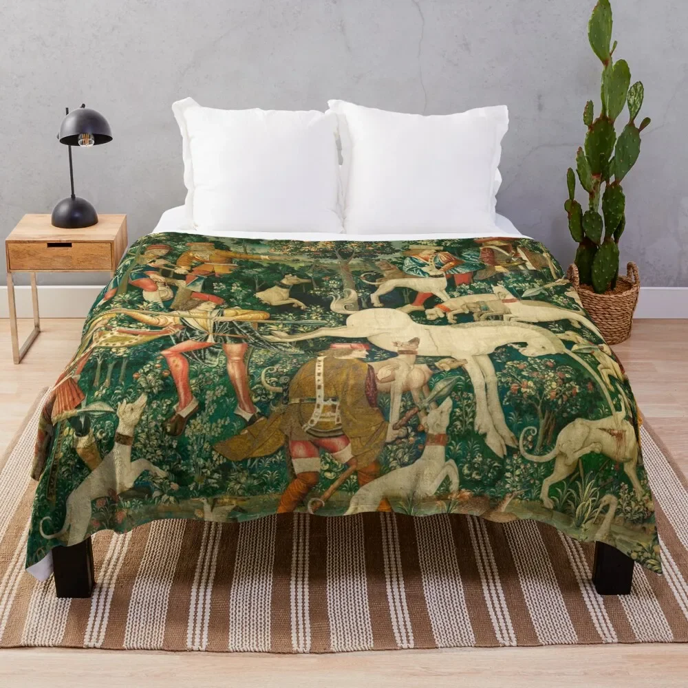 The Hunt of the Unicorn Tapestry. The unicorn defends himself (From Unicorn tapestries) Throw Blanket Heavy Luxury Blankets