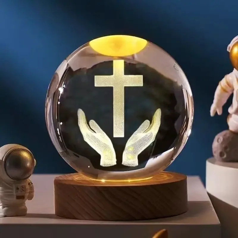 2024 new crystal ball night light creative home cross Jesus prayer luminous ball bedroom office decoration fresh ornament Gifts