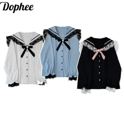 Dophee-Blusa de manga larga estilo japonés para mujer, Blusa de encaje con cuello azul marino, Top Lolita con lazo, Top gótico que combina con todo