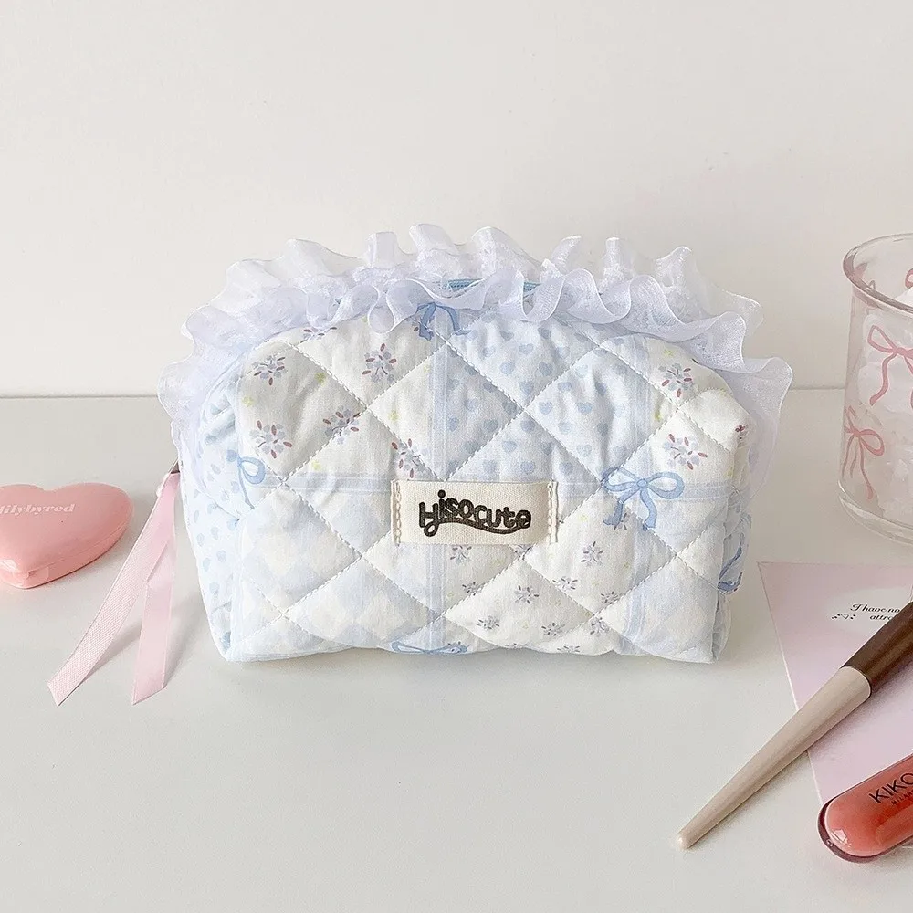 Sweet Quilted Makeup Bag Lace Bow Large Capacity Zipper Ruffles Pen Bag Toiletry Case for Women Girls