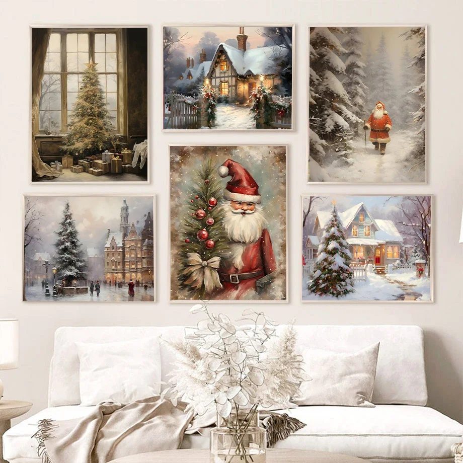 Minimalistische Leinwand Nordic Poster Weihnachtsmann Weihnachtsbaum Schneehaus Aquarell Illustration Wandkunst Home Wohnzimmer Dekor