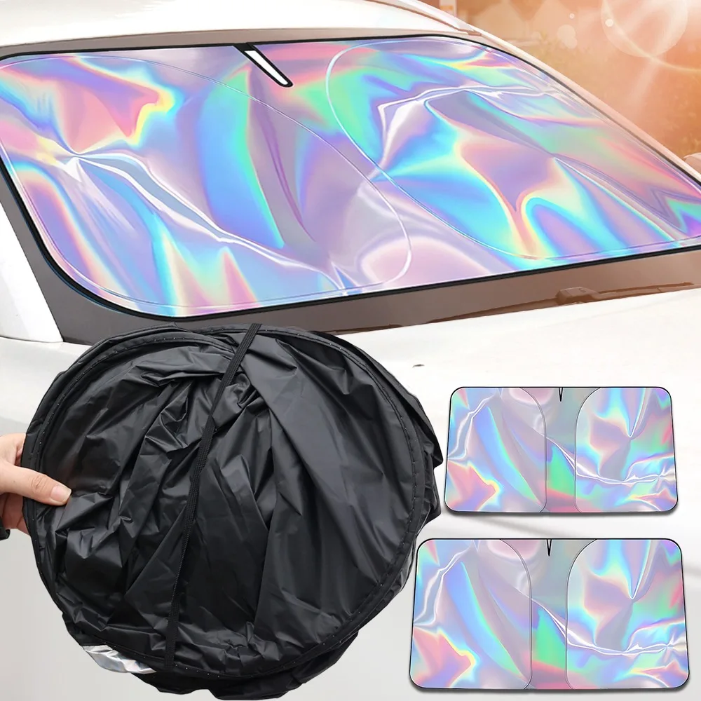 Colorful Laser Car Sunshade Summer Auto Truck Front Windshield Heat Insulation UV Protection Foldable Sun-Blocking Fabric Cover