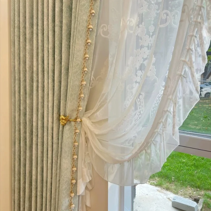 French Customized Green Jacquard Curtains for Living Room Bedroom Partition Curtains Balcony Window Screens Finished Products