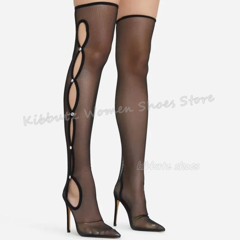 Thigh High Sock Boot Over The Knee Cut Out Button Detail Pointed Toe Thin Heels Fashion Elegant Sexy Women Shoes New Hot Girls
