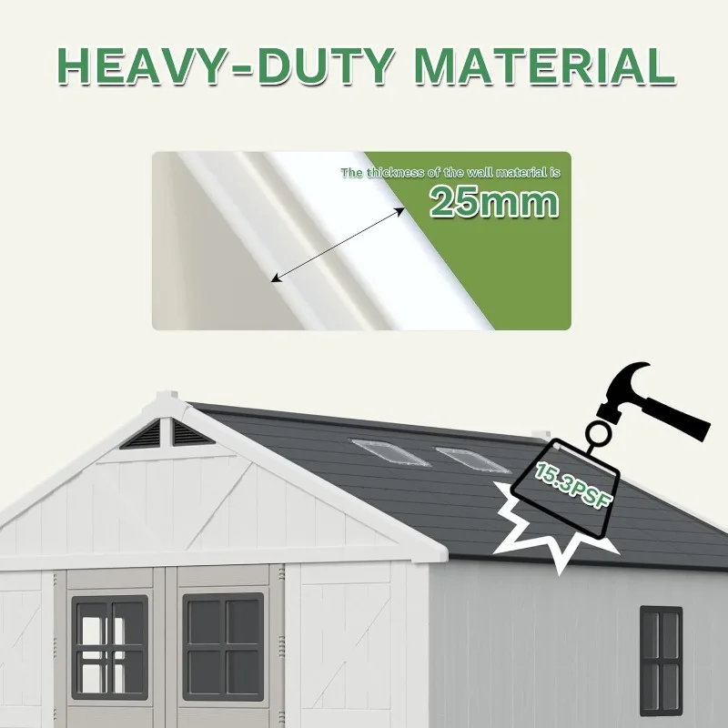 سقيفة تخزين بلاستيكية مقاس 10 × 10 أقدام، من الراتنج مع باب قابل للقفل وكوة