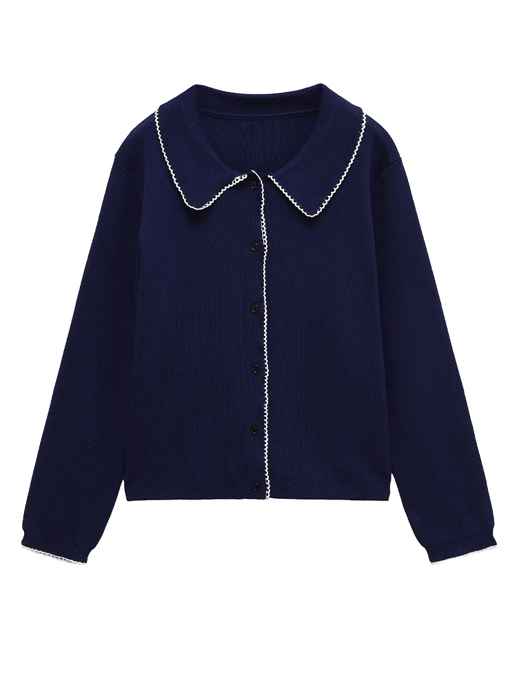 

European style new women's fashion all-match temperament contrast color button small round neck long sleeve knitted top