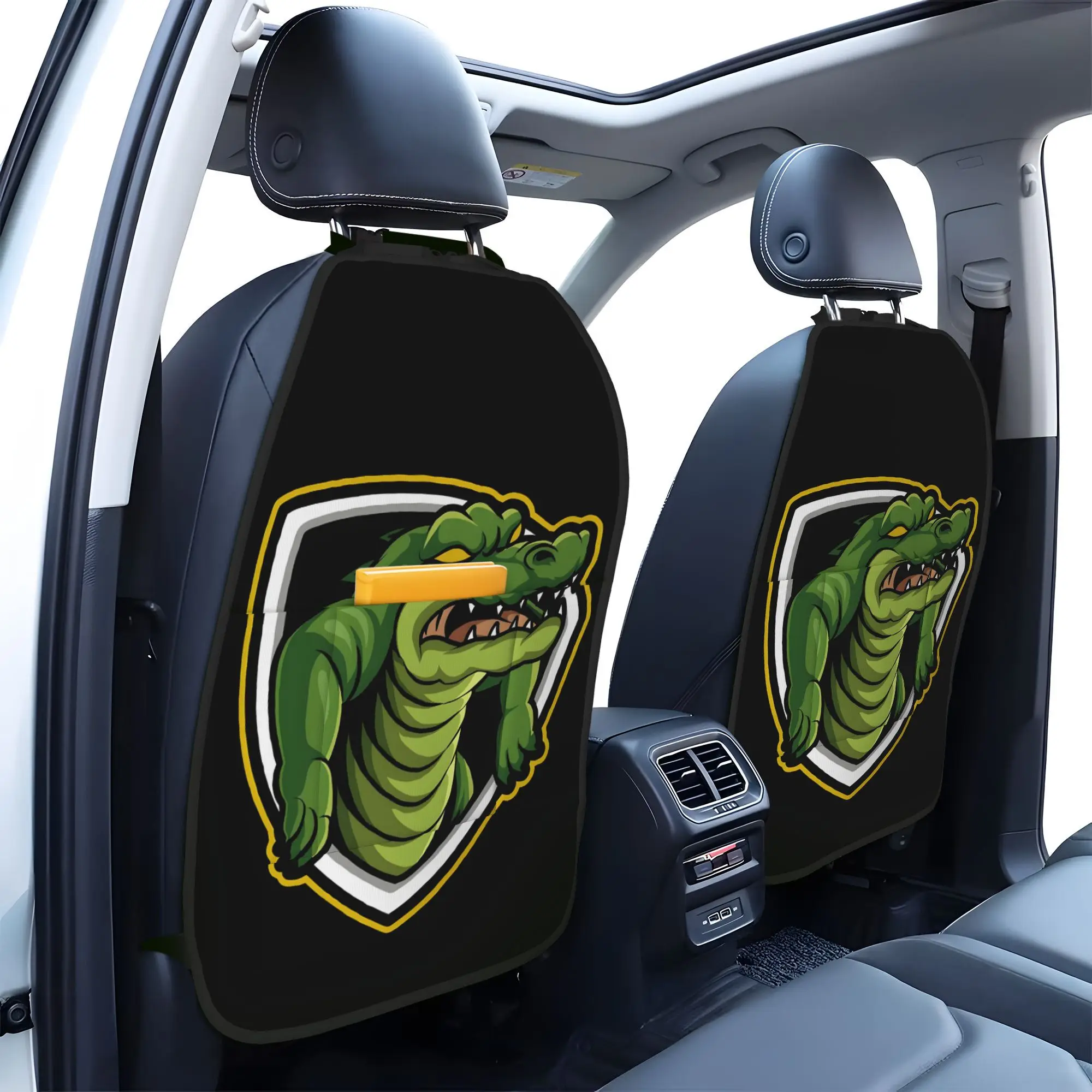 2D Flat 2pcs Ferocious Crocodile With Shield Car Seat Backrest Storage Bag - Adjustable, Multifunctional, Anti Kick Storage Bag.