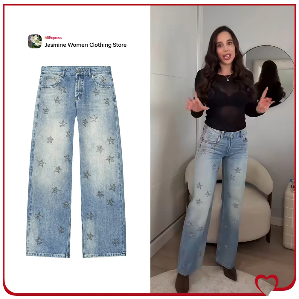 

Elegant Chic Low Rise Wide Leg Rhinestone Jeans for Women Stylish Five-pocket Jeans with Rhinestone Stars Extra Long Denim Pants