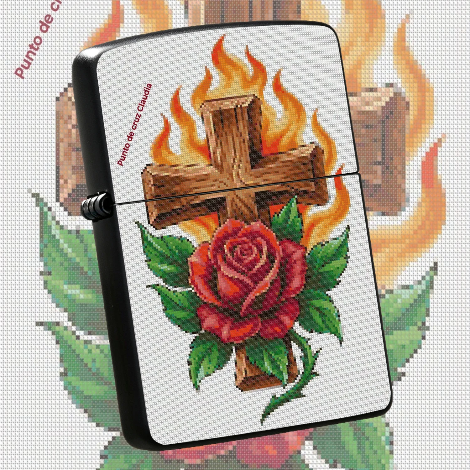 Vintage Wooden Cross Flaming Red Rose Themed, Retro Religious Inspired Windproof Pocket, Artistic Tattoo Style Portable Flame, Ideal Religious Believer Gift Daily Carry Collectible Decorative Practical Igniter A Fun And Humorous Lighter