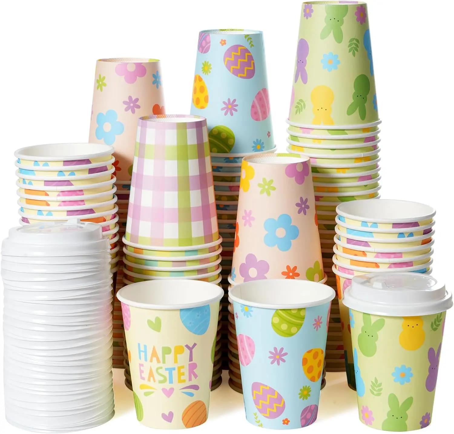 

100 Set Easter Disposable Coffee Cups with Lids, Bulk 12oz Colorful Eggs Paper Cups, Happy Easter Coffee Cups for Hot Ch