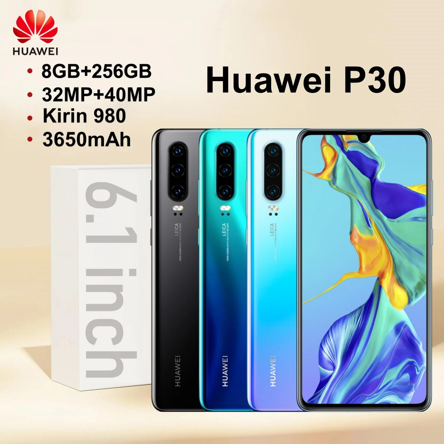 HUAWEI-P30, smartphone android, global, 6.1 polegadas, câmera 40mp, 128gb rom, telefones celulares de rede 4g google play store, celulares