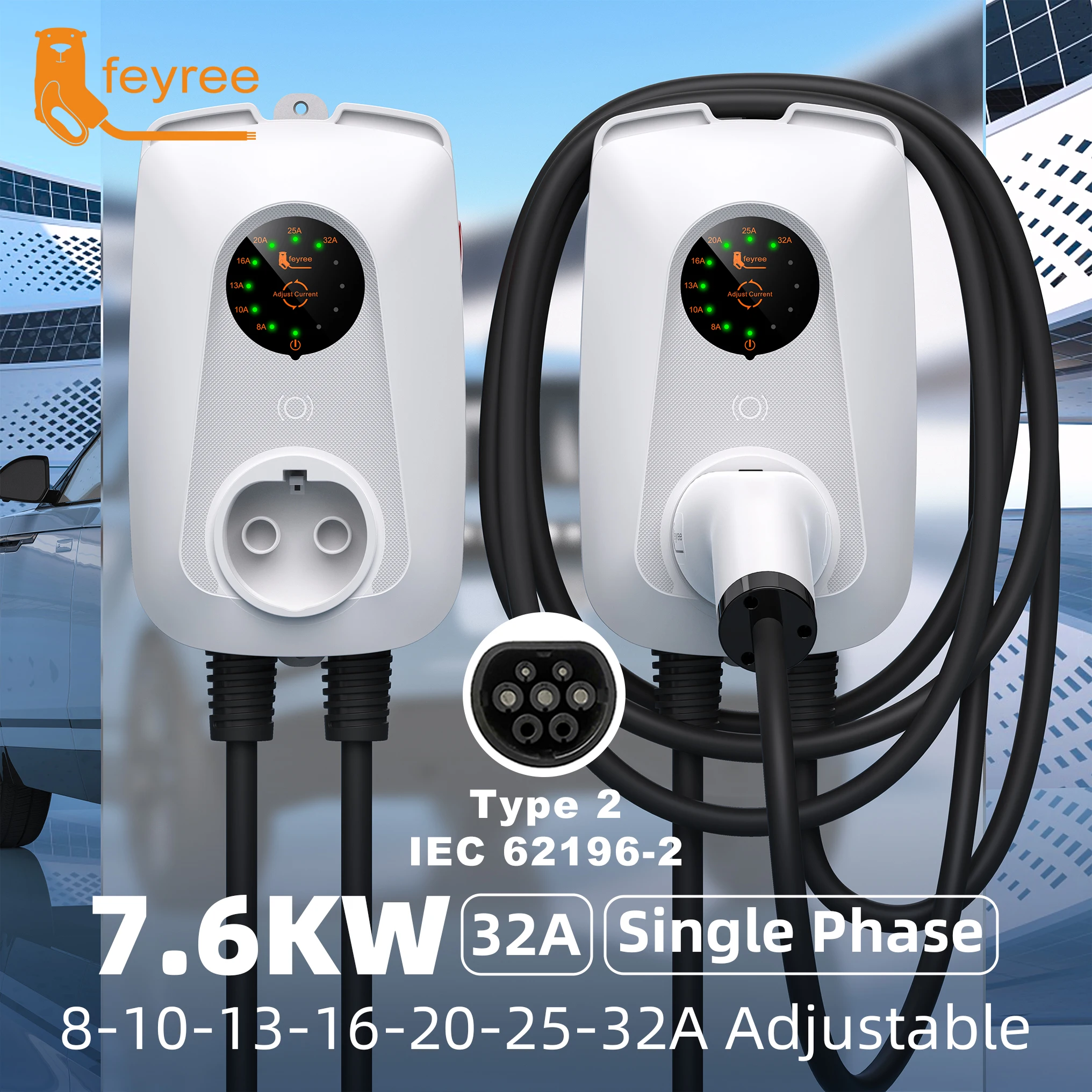 Feyree 7kW EV chargeur Type2 32A ajuster le courant prise de charge rapide Version murale EV Station de charge librement support de câble