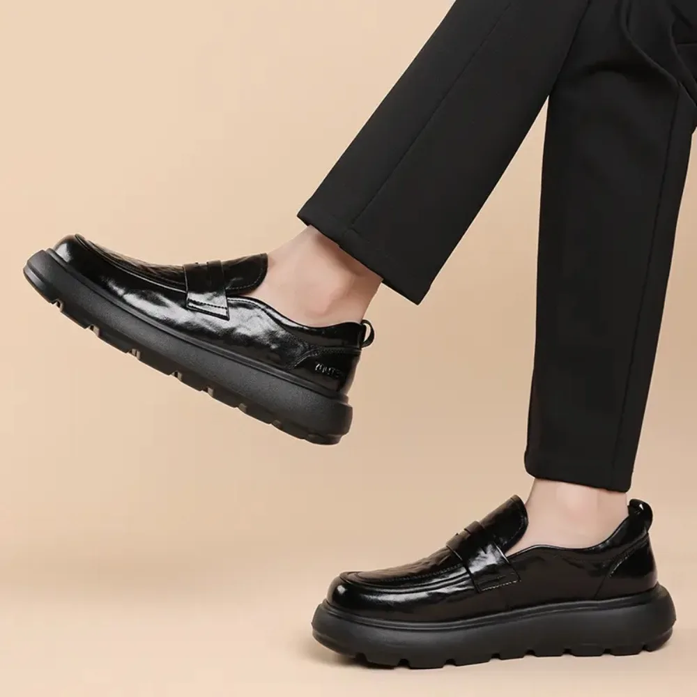 Vestido de boda informal de negocios para hombre, zapatos de cuero genuino, zapatos de plataforma sin cordones, mocasines negros y marrones, calzado transpirable para caballero